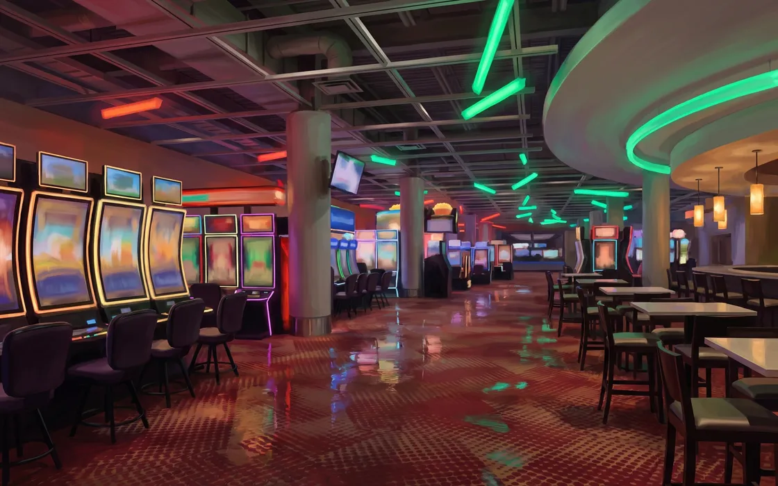 Slot aisle under green ceiling lights at Elements Casino Surrey