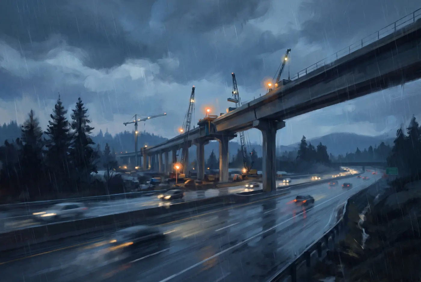 Rail guideway under construction above a wet highway
