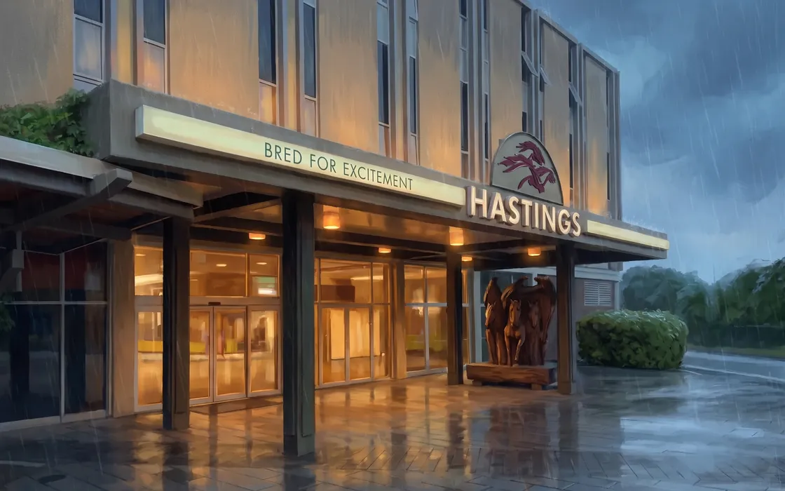 Hastings Casino entrance canopy on a rainy evening