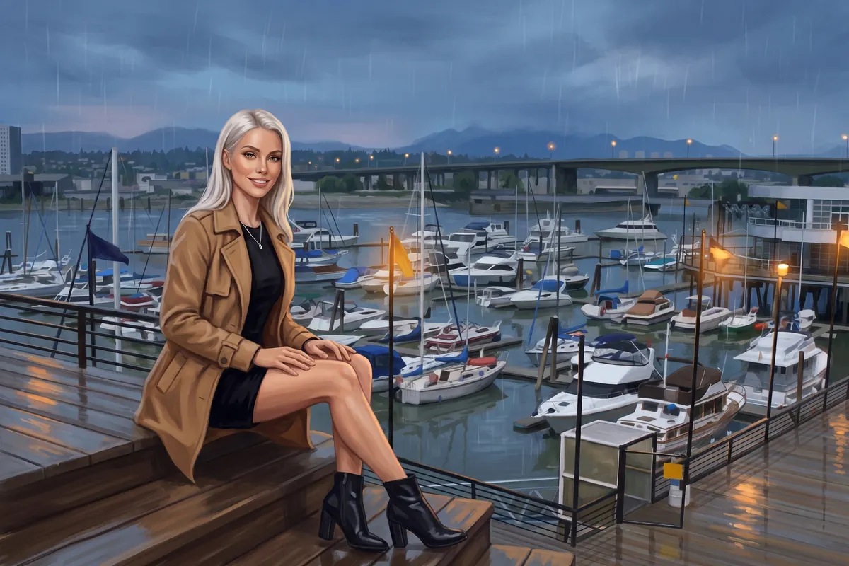 A woman on the steps by the River Rock marina